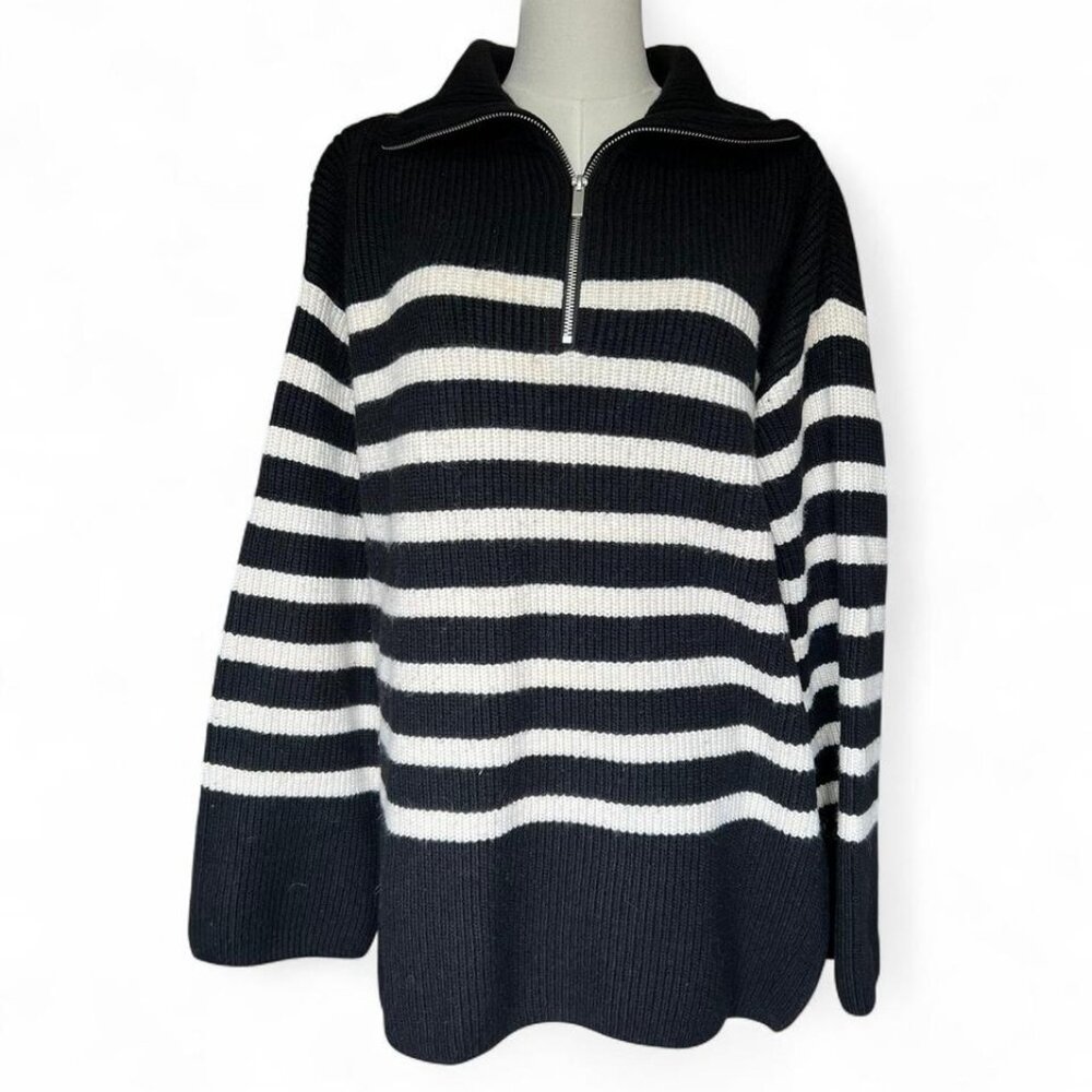 HM black and white striped quarter zip knit sweater